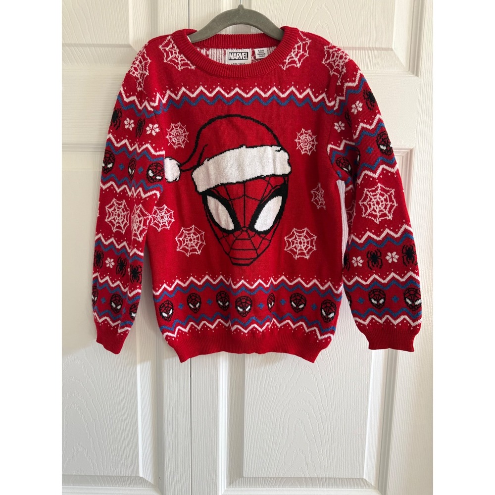 Marvel Spiderman Kids Ugly Christmas Sweater Red Spider Web Santa Hat Size 6-7